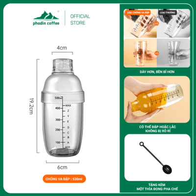 Bình lắc shaker | Bình lắc pha chế cao cấp | Nhựa PC trong suốt | Vạch đậm | 530ml