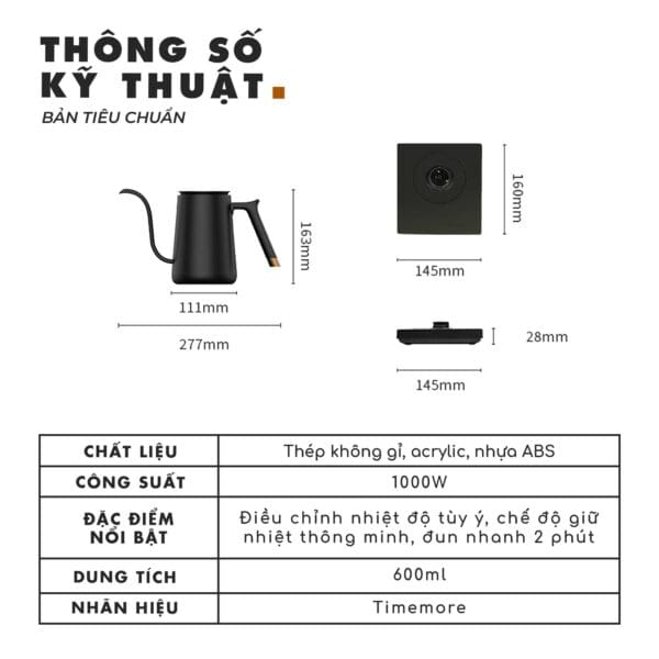 Ấm Điện Pour Over Smart Mini Timemore 600ml - Đen