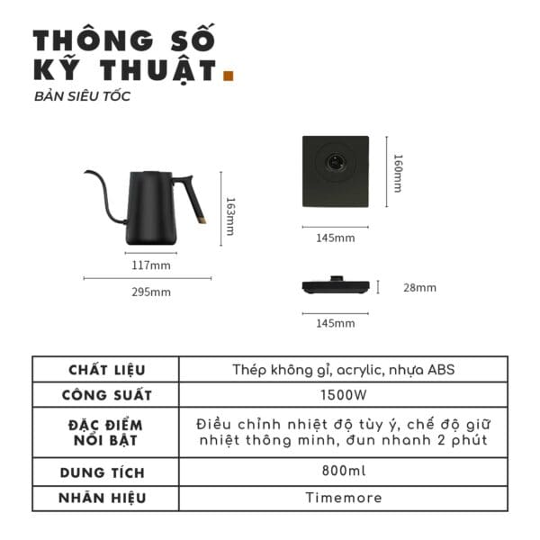 Ấm Điện Pour Over Smart Mini Timemore 800ml - Đen