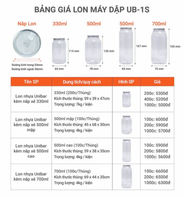 Lon nhựa PET nắp nhôm xé 330ml, 500ml, 700ml