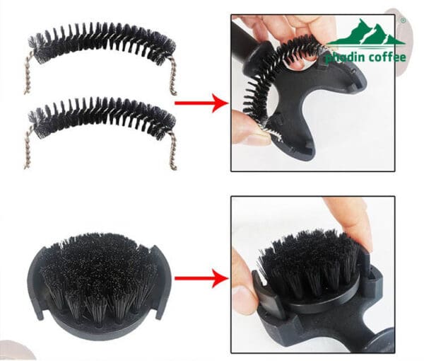 Bàn chải vệ sinh đầu pha máy pha cà phê Espresso – thiết kế đầu cong hình vòng cung, chuyên dùng để làm sạch lưới lọc và đầu chiết xuất