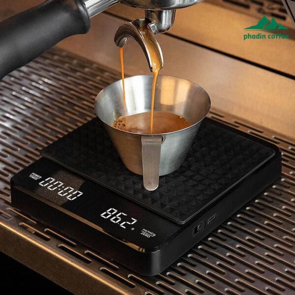 Cân điện tử mini Foresto pha cà phê pour-over – chính xác, nhỏ gọn, dùng cho gia đình hoặc quán, chuyên dụng để cân cà phê hạt và bấm giờ tự động