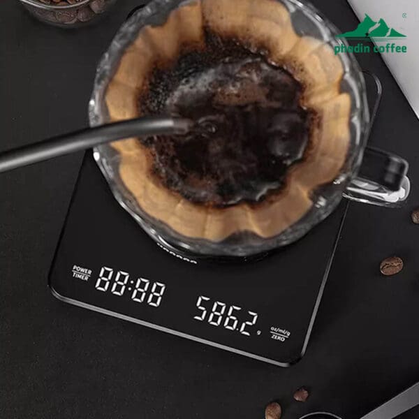 Cân điện tử mini Foresto pha cà phê pour-over – chính xác, nhỏ gọn, dùng cho gia đình hoặc quán, chuyên dụng để cân cà phê hạt và bấm giờ tự động