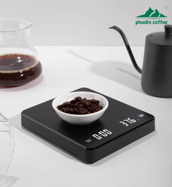 Cân điện tử mini Foresto pha cà phê pour-over – chính xác, nhỏ gọn, dùng cho gia đình hoặc quán, chuyên dụng để cân cà phê hạt và bấm giờ tự động