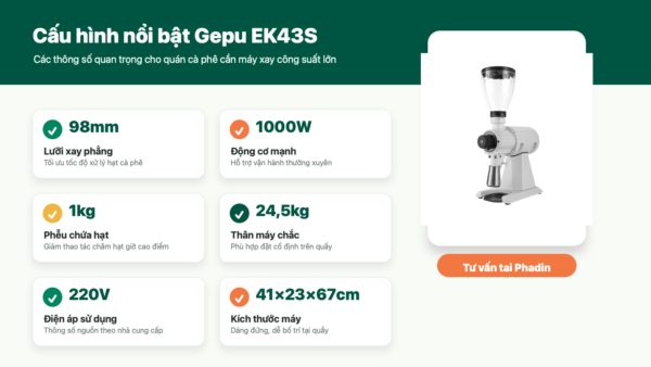 Infographic thông số máy xay cà phê Gepu EK43S 98mm 1000W 1kg