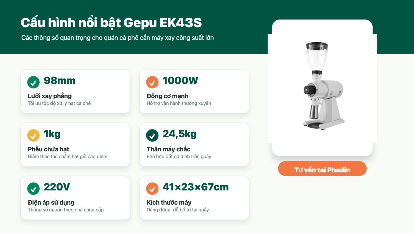Infographic thông số máy xay cà phê Gepu EK43S 98mm 1000W 1kg