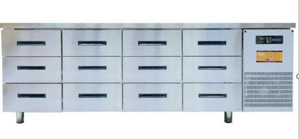 Bàn mát 12 ngăn kéo inox Viner 2,3 m, quạt gió