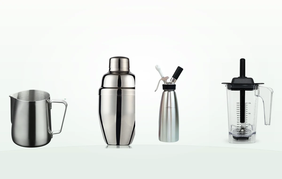 Nhóm dụng cụ và linh kiện quầy bar: ca đánh sữa, shaker inox, bình xịt kem và cối máy xay thay thế