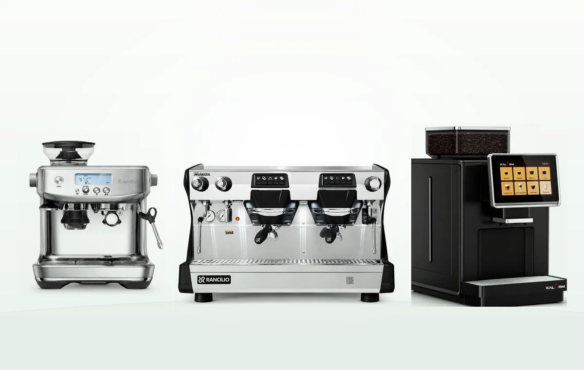 Nhóm máy pha cà phê: Breville gia đình, Rancilio hai họng cho quán và Kalerm tự động