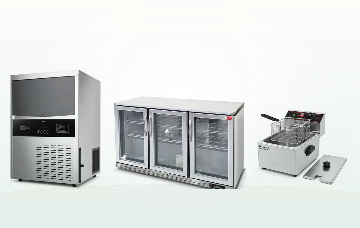 Nhóm thiết bị lạnh và bếp: máy làm đá, tủ mát quầy bar và bếp chiên nhúng