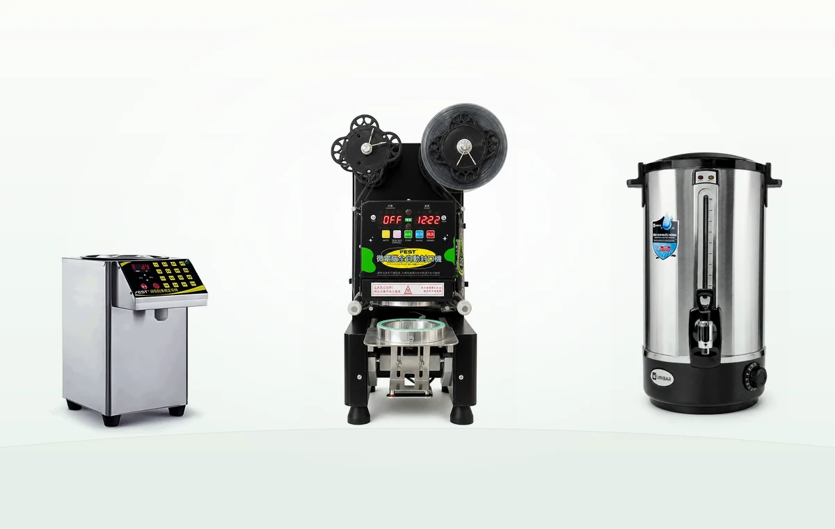 Nhóm thiết bị pha chế gồm máy định lượng đường, máy dập nắp cốc và bình đun nước nóng